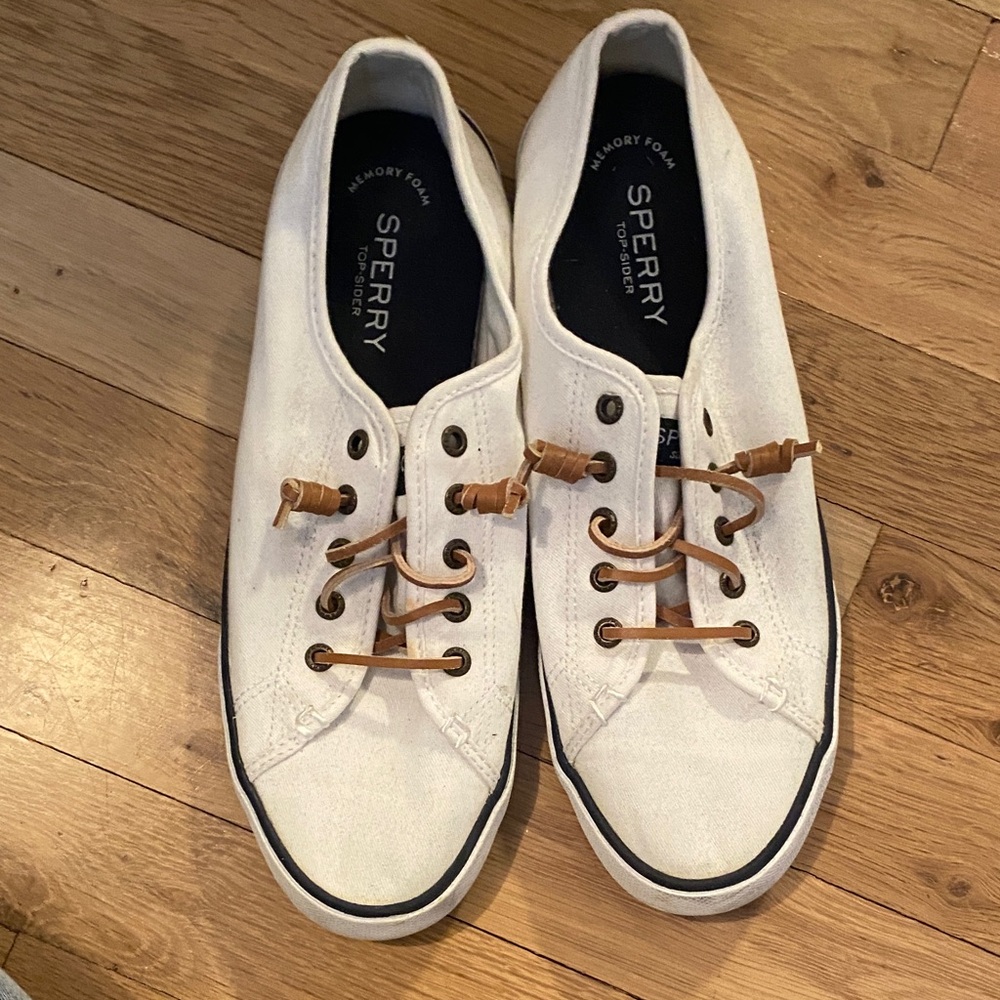 Sperry women's White Canvas Boat Shoes with Brown Laces